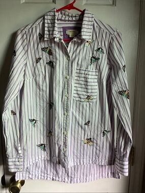 Maeve Lavender and White Striped Button-Down with Butterfly Embroidery